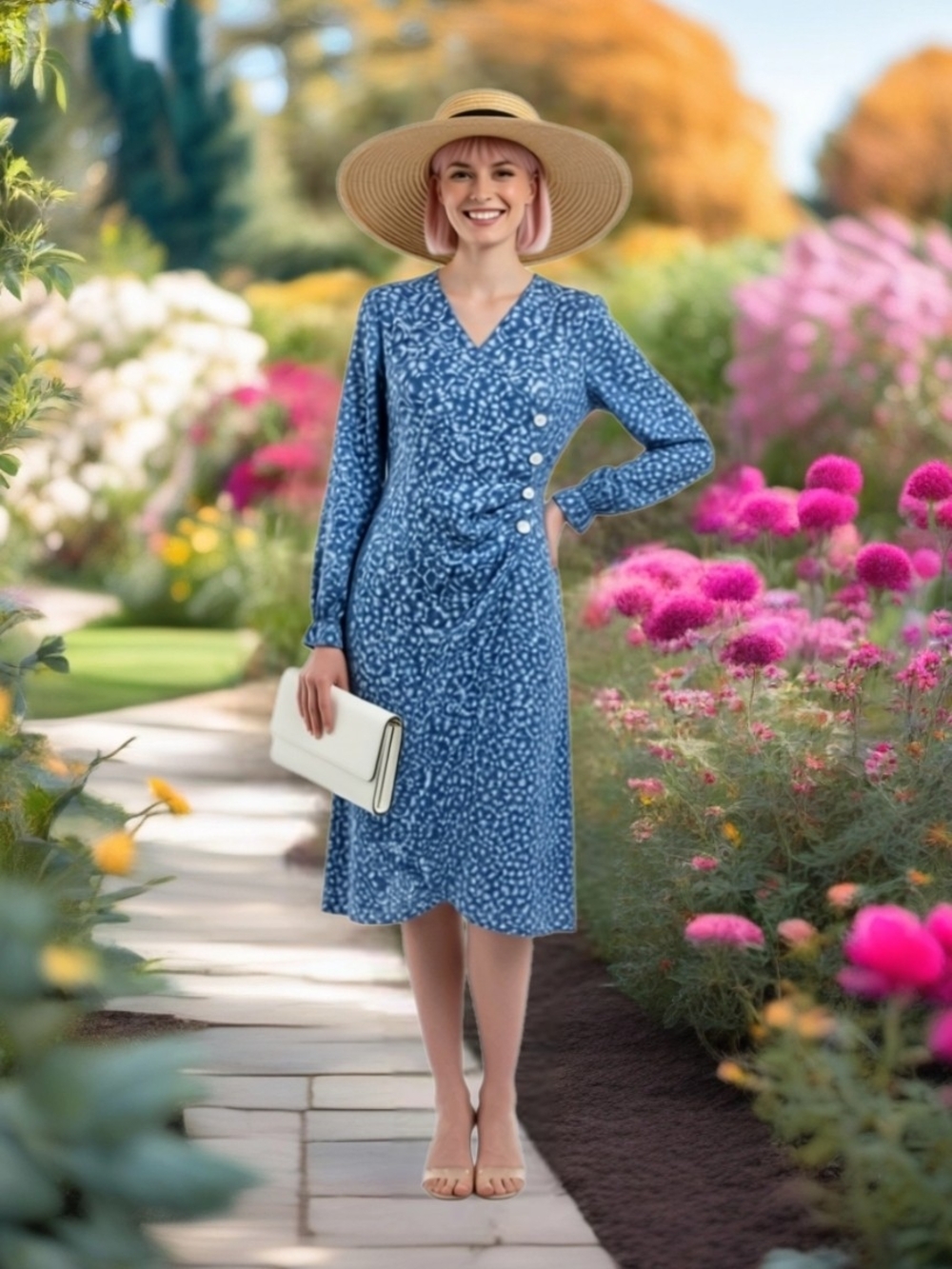 Blue Printed Long-Sleeve V-Neck Wrap Dress